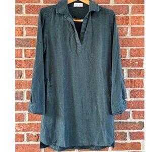 Bella Dahl Tencel Tunic Shirtdress Small Hunter Green Long Sleeve Roll Tab Soft